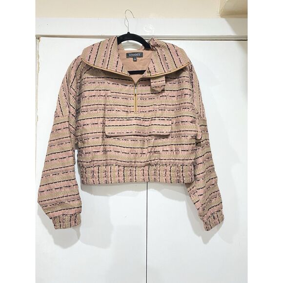 Intermix Top Silk Womens Sz 4 Long Sleeves Crop 1/2 Zip Pink Brown Geometric - Picture 3 of 16